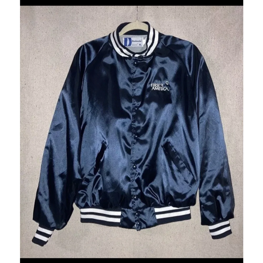 Vintage First of America Bank Banker Satin Jacket Bomber Blue Dunbrooke Men’s XL